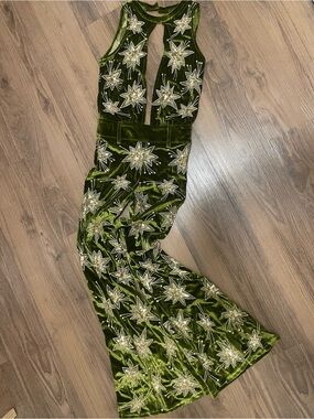 Lenni the Label Embellished Olive Green Velvet Jumpsuit Golden Stars Firework